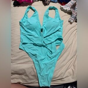 SHEIN Blue One Piece Swimsuit with Ruffle Details